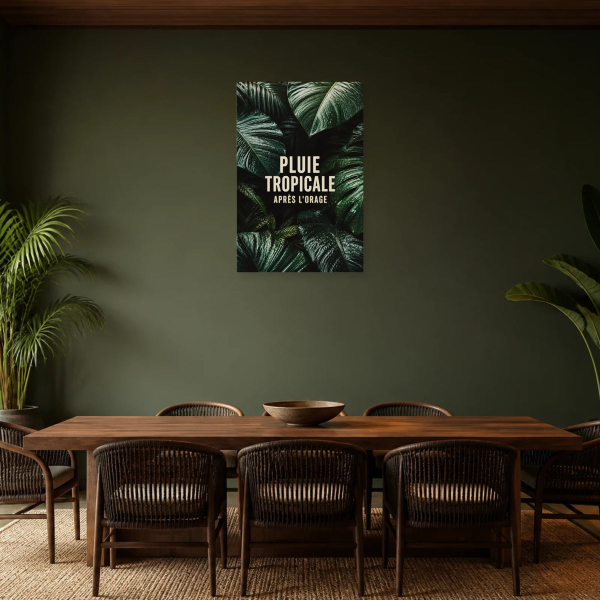 Affiche Pluie – Feuilles tropicales dans une salle à manger - Art Virtuoso