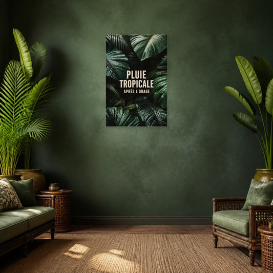 Affiche Pluie – Feuilles tropicales dans un salon - Art Virtuoso