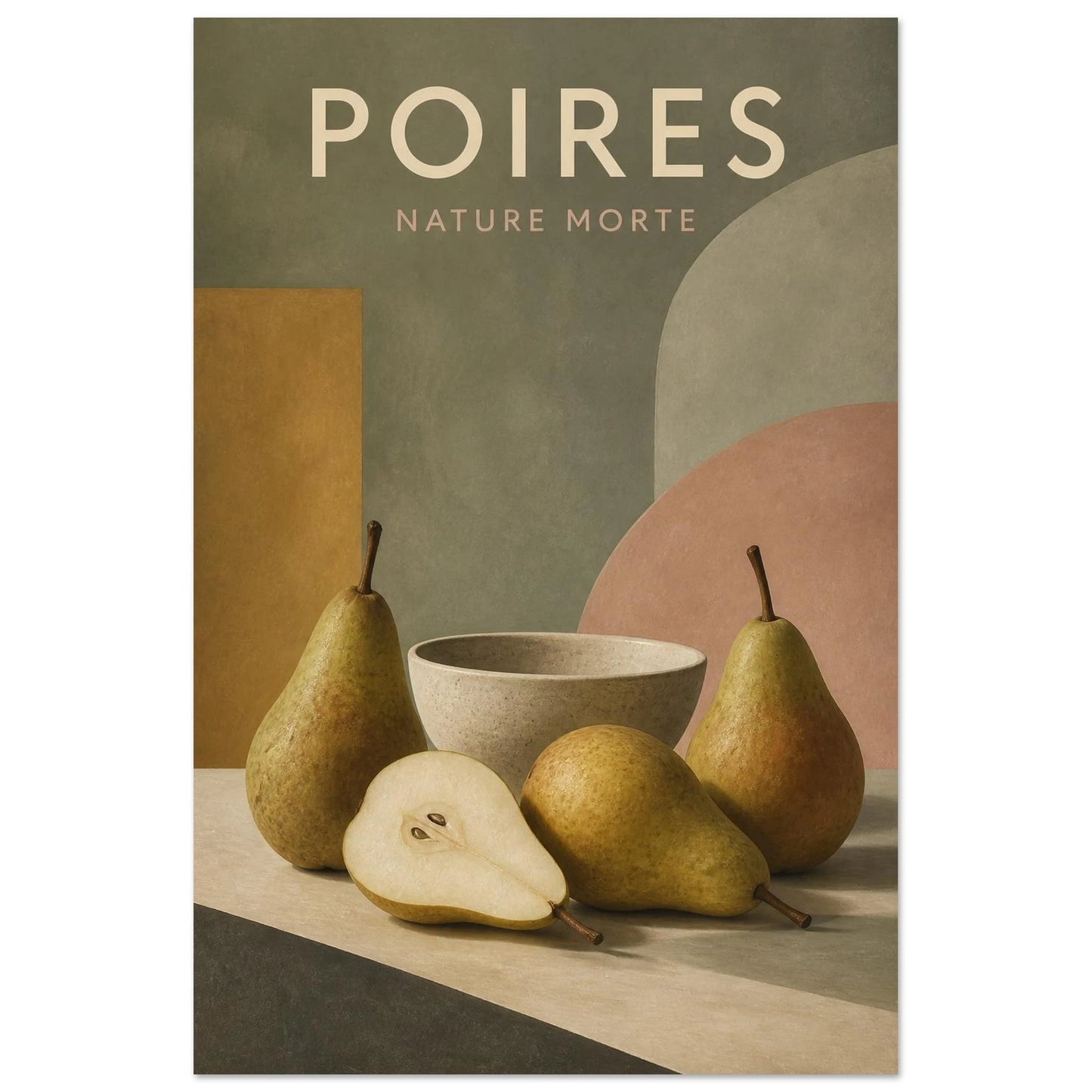 Affiche Poires – Nature Morte, collage illustré verticale, format 30 × 45 cm