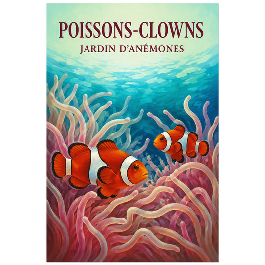 Affiche Poissons-clowns – Jardin d’anémones, gouache naturaliste / affiche décorative verticale, format 30 × 45 cm