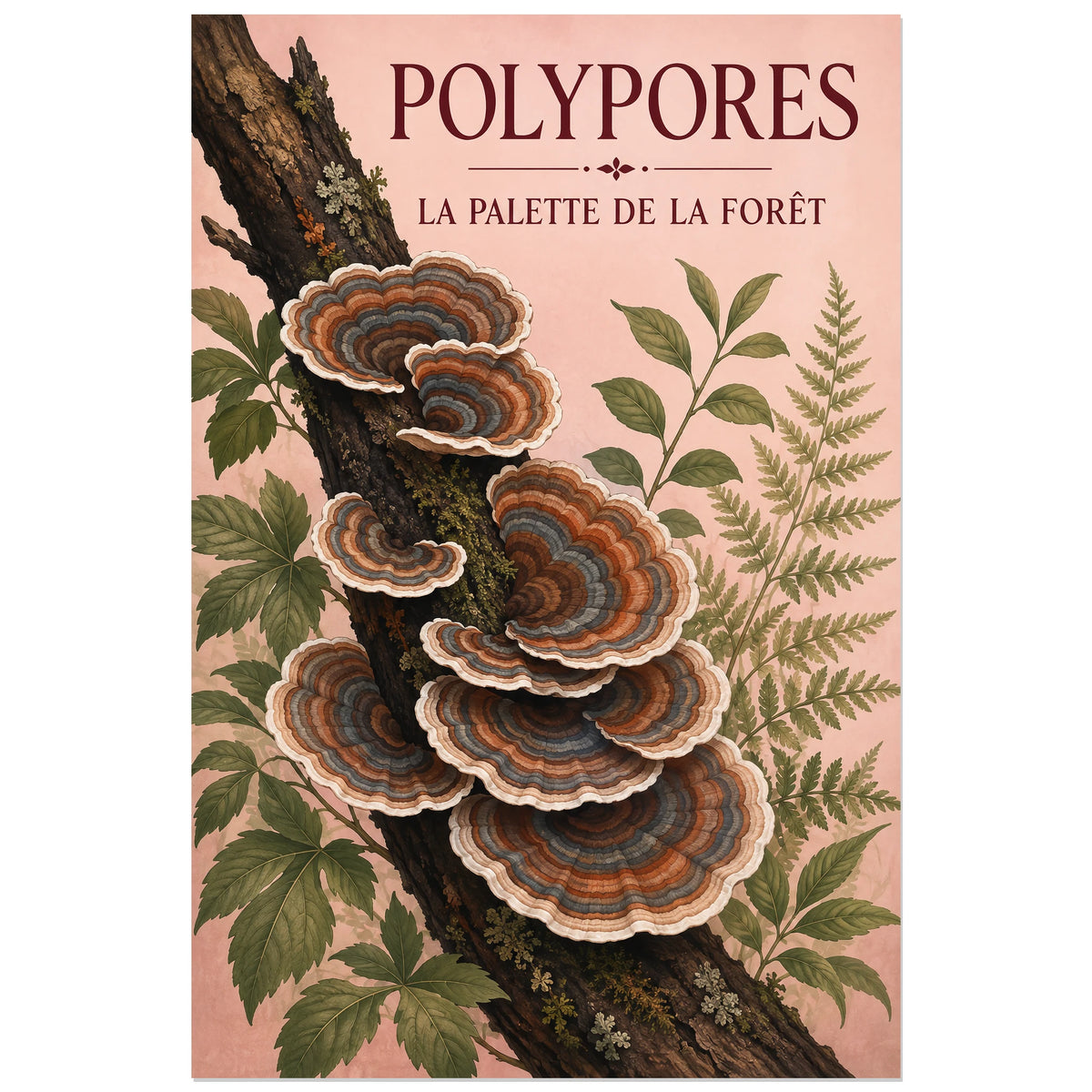 Affiche Polypores – La palette de la forêt, planche naturaliste / illustration décorative verticale, format 30 × 45 cm