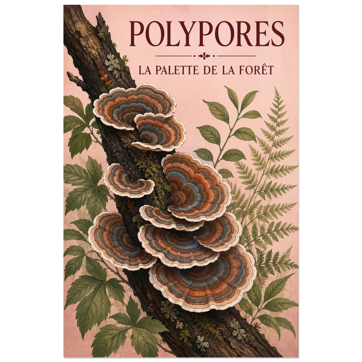Affiche Polypores – La palette de la forêt, planche naturaliste / illustration décorative verticale, format 40 × 60 cm