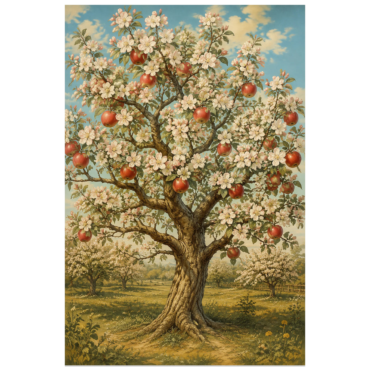 Affiche Pommier – Verger rétro, illustration publicitaire vintage / botanique rétro verticale, format 40 × 60 cm