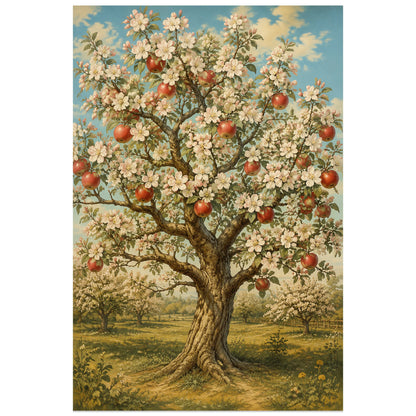 Affiche Pommier – Verger rétro, illustration publicitaire vintage / botanique rétro verticale, format 60 × 90 cm