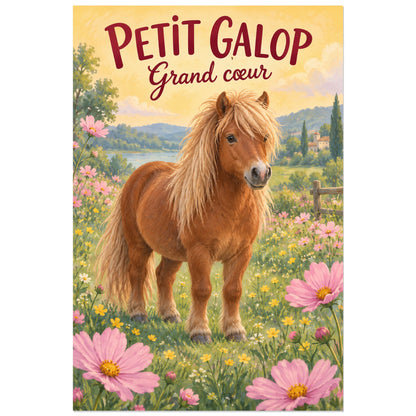 Affiche Poney Shetland – Jardin doux, illustration jeunesse / gouache figurative verticale, format 30 × 45 cm