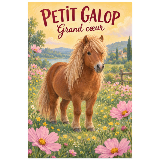 Affiche Poney Shetland – Jardin doux, illustration jeunesse / gouache figurative verticale, format 30 × 45 cm
