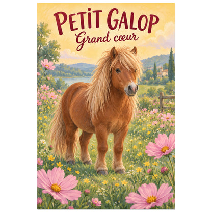 Affiche Poney Shetland – Jardin doux, illustration jeunesse / gouache figurative verticale, format 40 × 60 cm