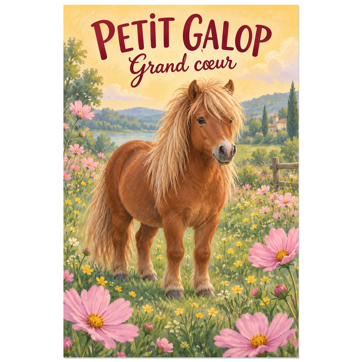 Affiche Poney Shetland – Jardin doux, illustration jeunesse / gouache figurative verticale, format 60 × 90 cm