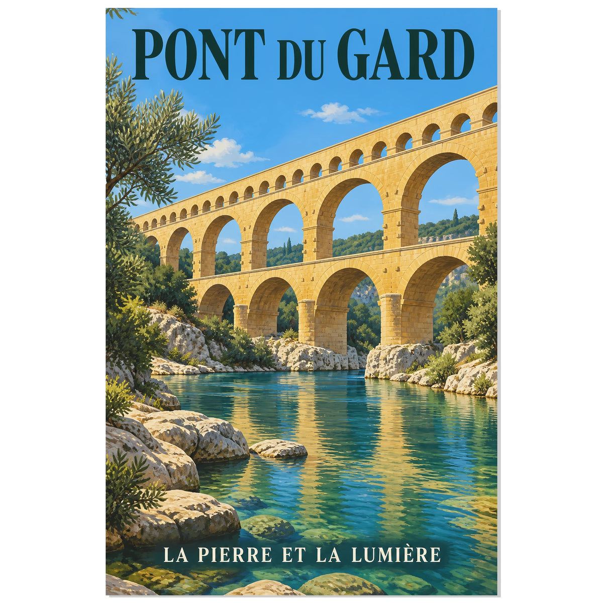 Affiche Pont du Gard - La pierre et la lumière, illustration de voyage / rendu gouache / inspiration vintage verticale, format 30 × 45 cm