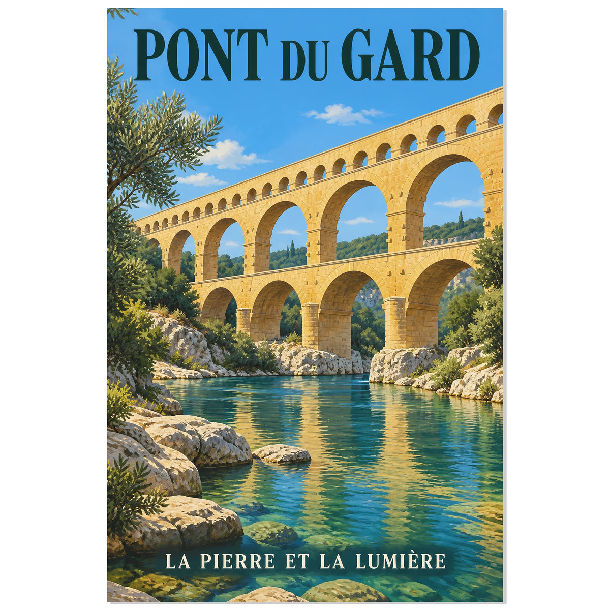 Affiche Pont du Gard - La pierre et la lumière, illustration de voyage / rendu gouache / inspiration vintage verticale, format 40 × 60 cm