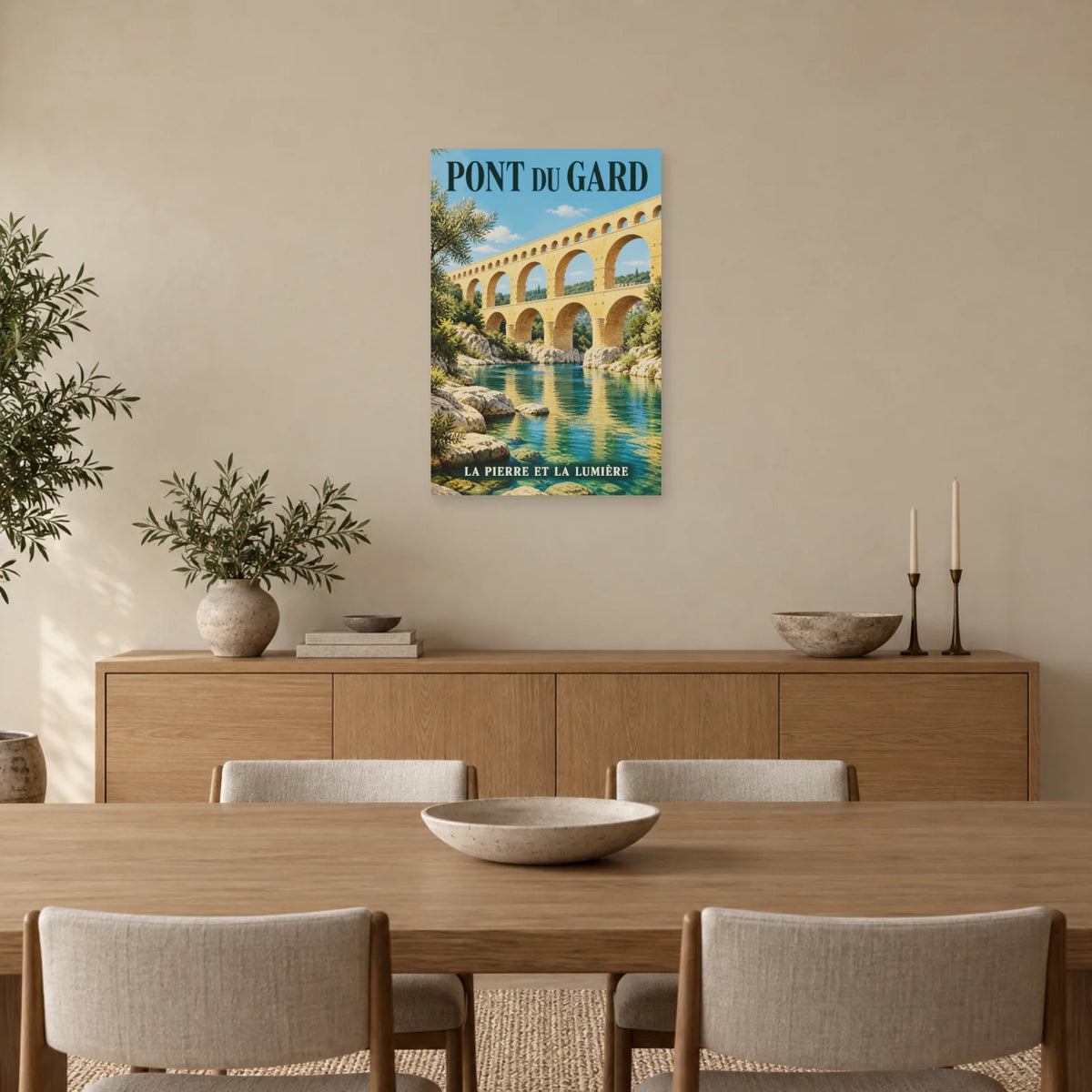 Affiche Pont du Gard - La pierre et la lumière dans une salle à manger - Art Virtuoso