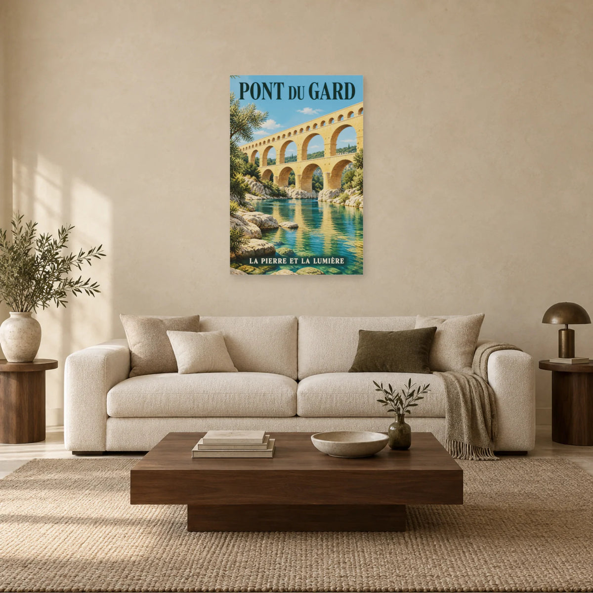 Affiche Pont du Gard - La pierre et la lumière dans un salon - Art Virtuoso