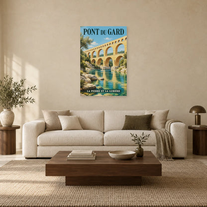 Affiche Pont du Gard - La pierre et la lumière dans un salon - Art Virtuoso