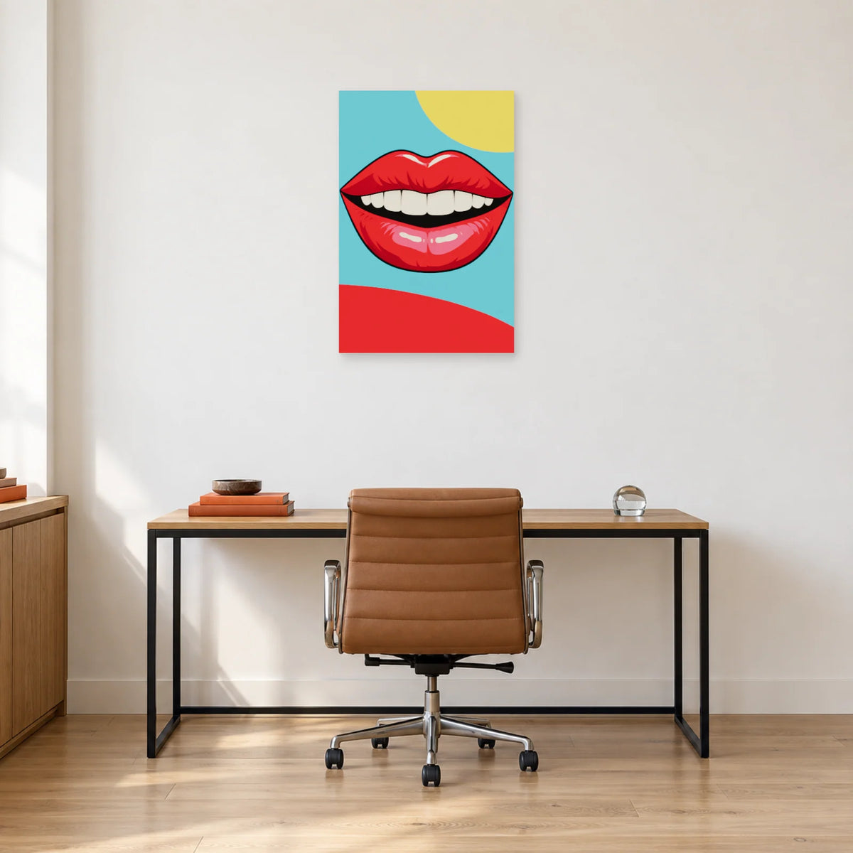 Affiche Pop art Bouche sourire framboise dans un bureau - Art Virtuoso