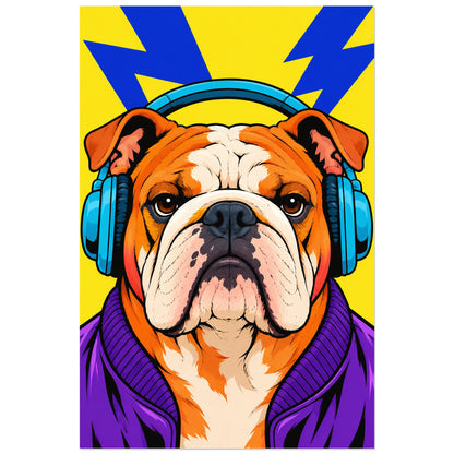Affiche Pop art Bulldog au casque audio, illustration pop art / dessin de bande dessinée / aplats graphiques verticale, format 30 × 45 cm