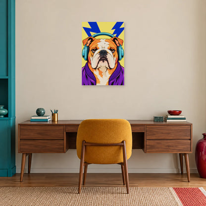 Affiche Pop art Bulldog au casque audio dans un bureau - Art Virtuoso