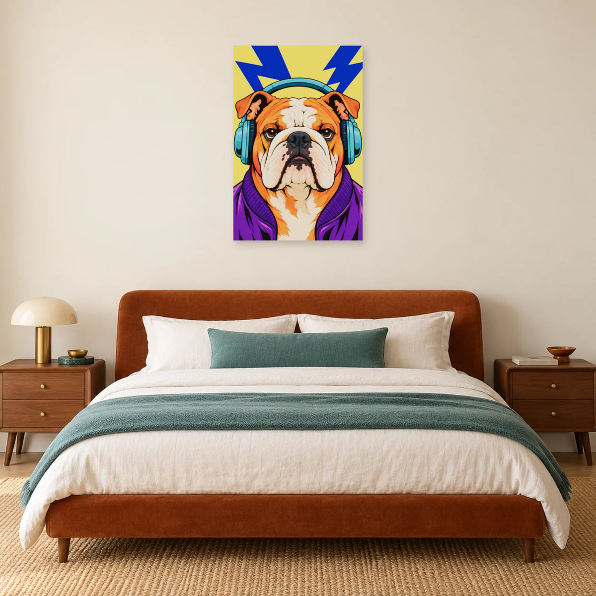 Affiche Pop art Bulldog au casque audio dans une chambre - Art Virtuoso