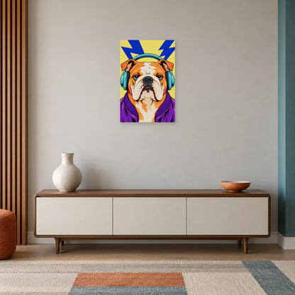 Affiche Pop art Bulldog au casque audio dans une entrée ou un couloir - Art Virtuoso