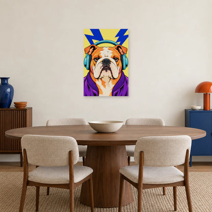 Affiche Pop art Bulldog au casque audio dans une salle à manger - Art Virtuoso