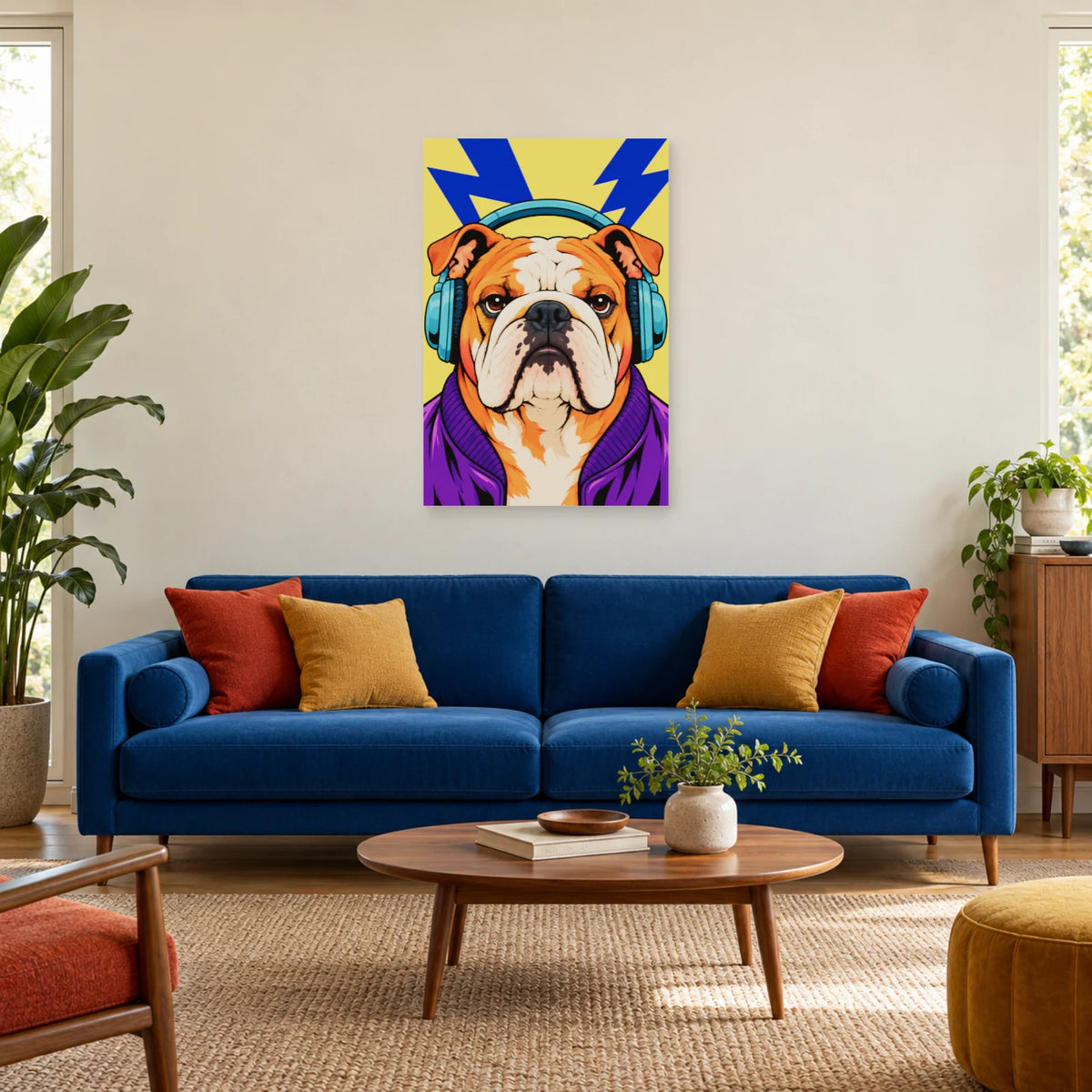 Affiche Pop art Bulldog au casque audio dans un salon - Art Virtuoso