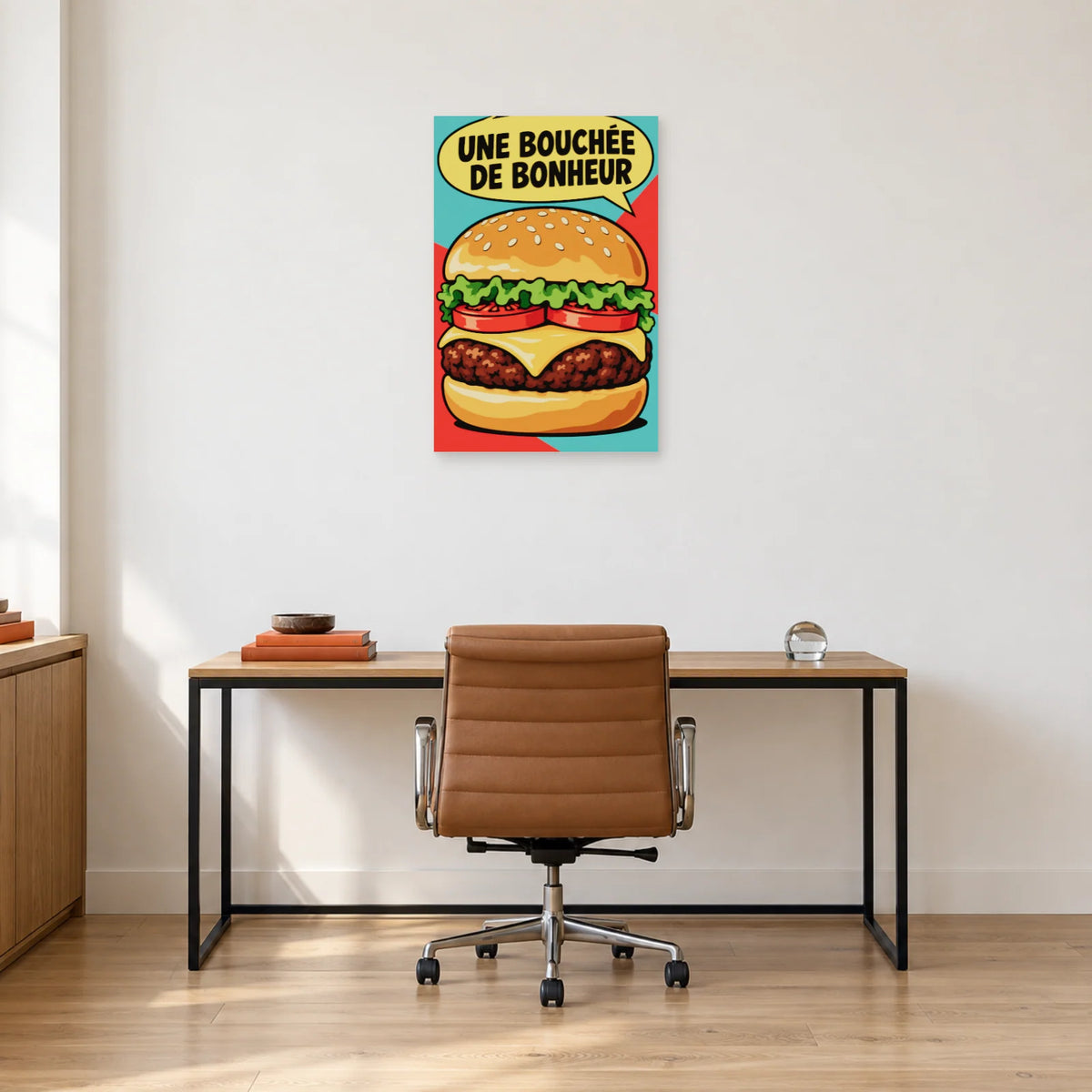 Affiche Pop art Burger bouchée de bonheur dans un bureau - Art Virtuoso