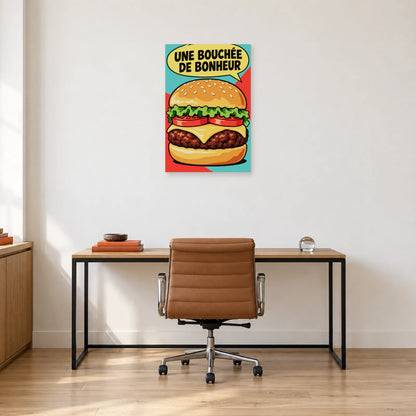Affiche Pop art Burger bouchée de bonheur dans un bureau - Art Virtuoso