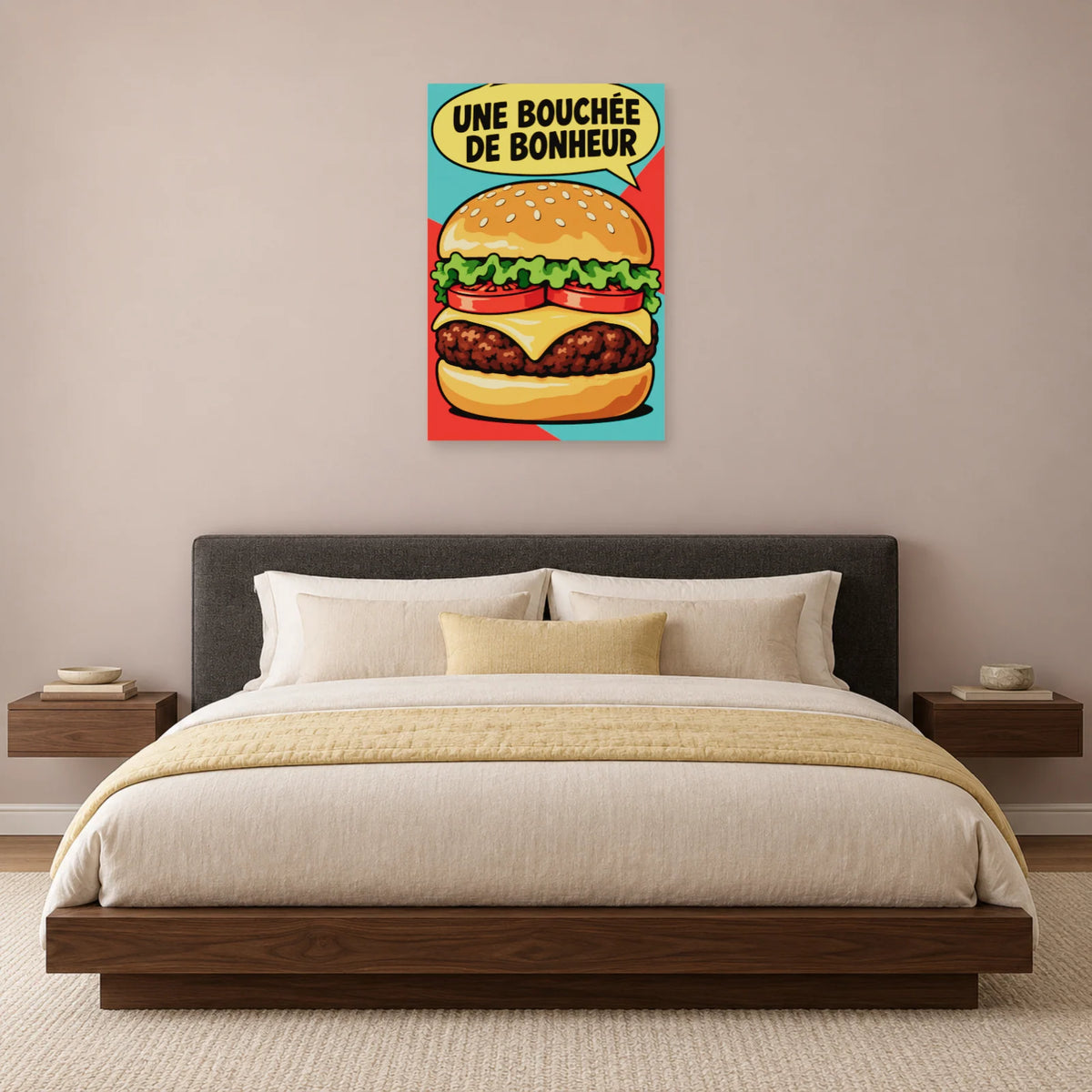 Affiche Pop art Burger bouchée de bonheur dans une chambre - Art Virtuoso
