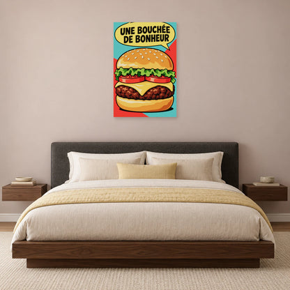 Affiche Pop art Burger bouchée de bonheur dans une chambre - Art Virtuoso