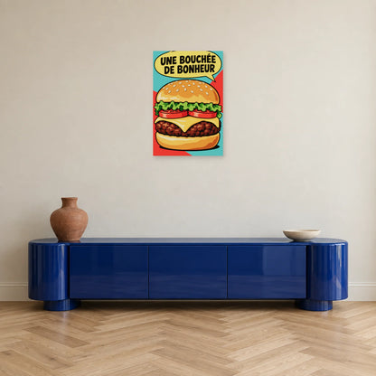Affiche Pop art Burger bouchée de bonheur dans une entrée ou un couloir - Art Virtuoso