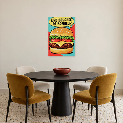 Affiche Pop art Burger bouchée de bonheur dans une salle à manger - Art Virtuoso