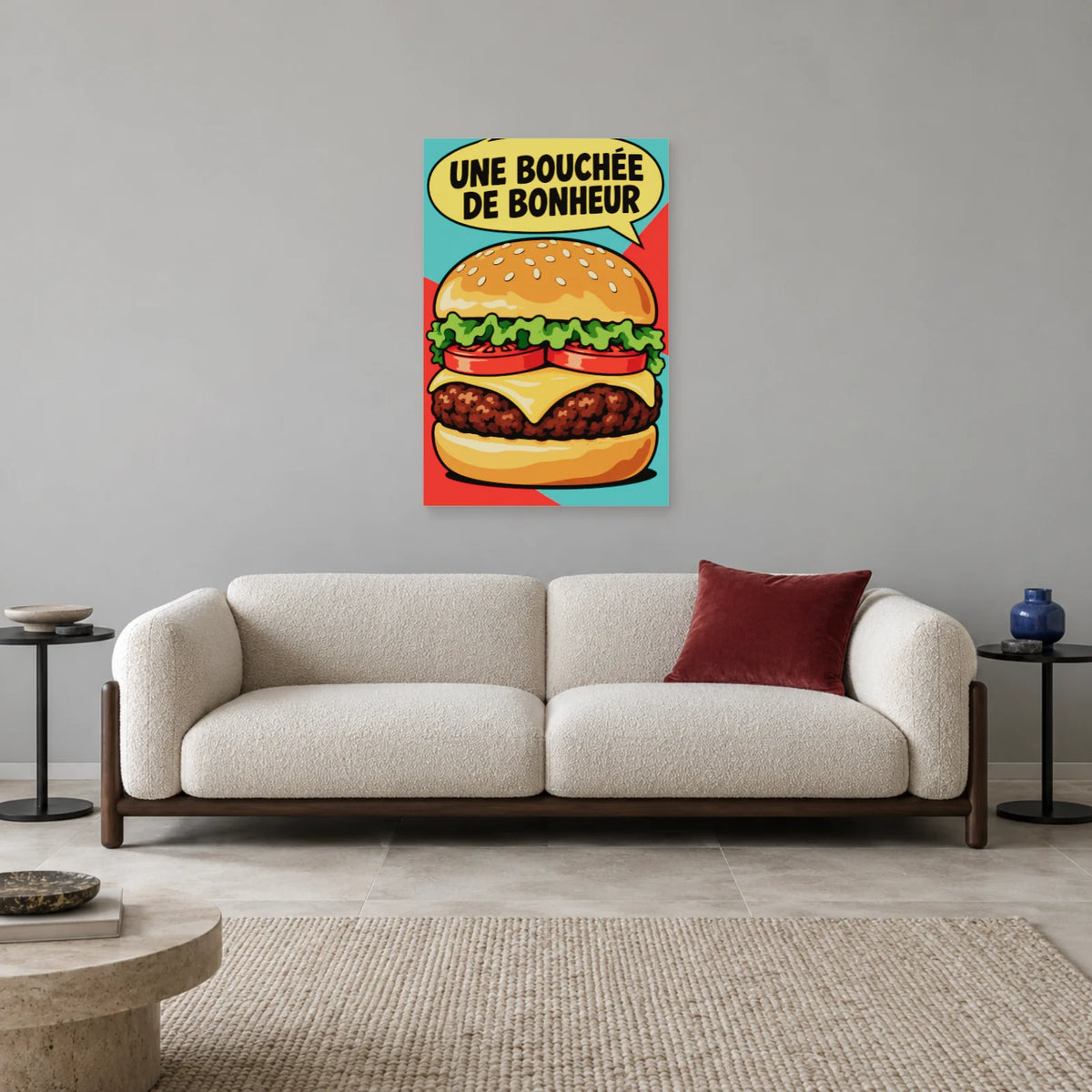 Affiche Pop art Burger bouchée de bonheur dans un salon - Art Virtuoso