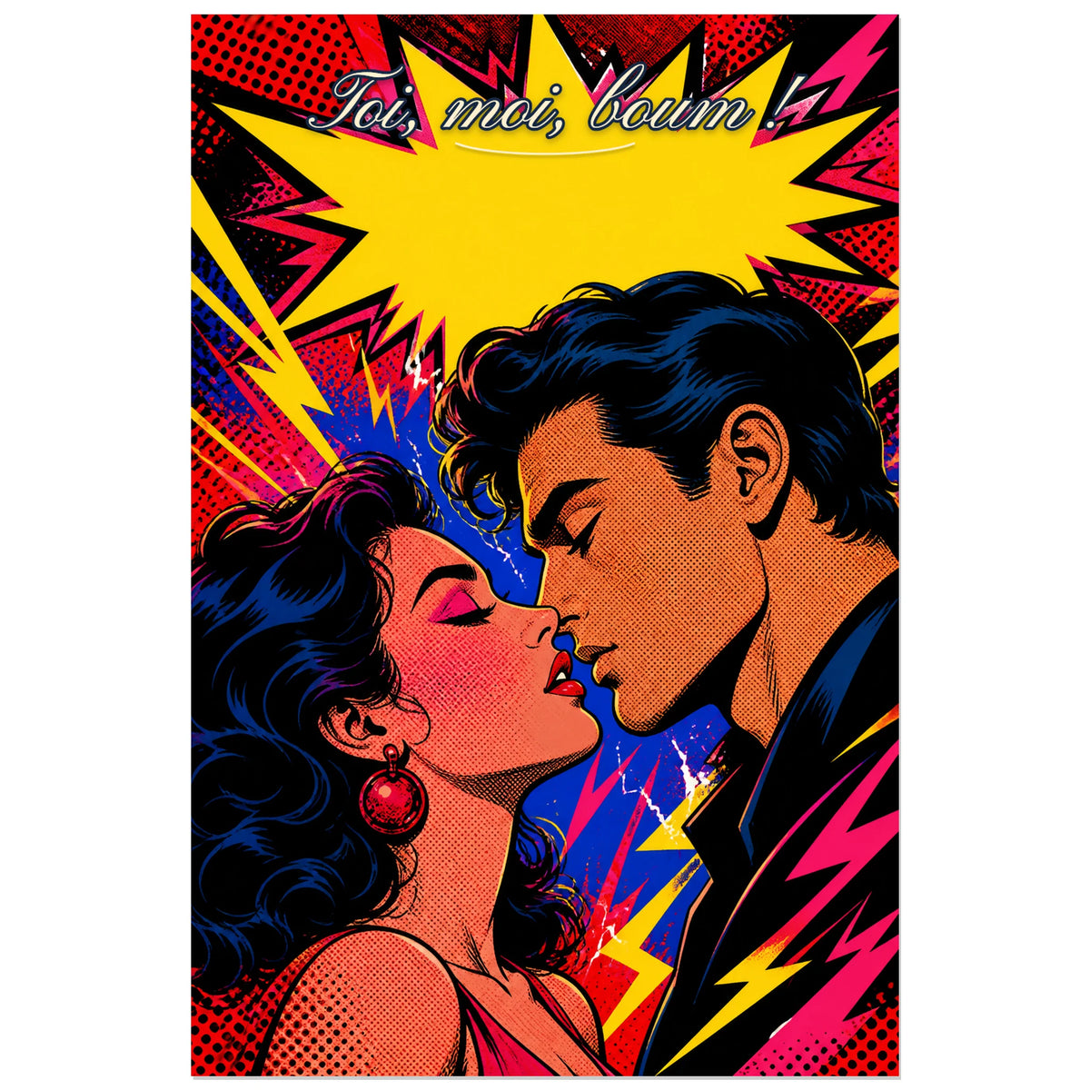 Affiche Toi, moi, boum ! - Couple pop art, illustration pop art à trames et aplats très contrastés verticale, format 60 × 90 cm
