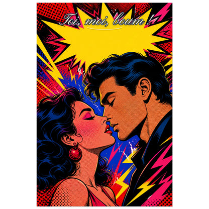 Affiche Toi, moi, boum ! - Couple pop art, illustration pop art à trames et aplats très contrastés verticale, format 60 × 90 cm