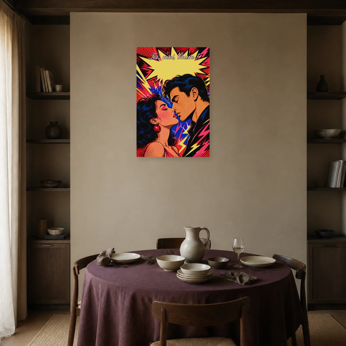Affiche Toi, moi, boum ! - Couple pop art dans une salle à manger - Art Virtuoso