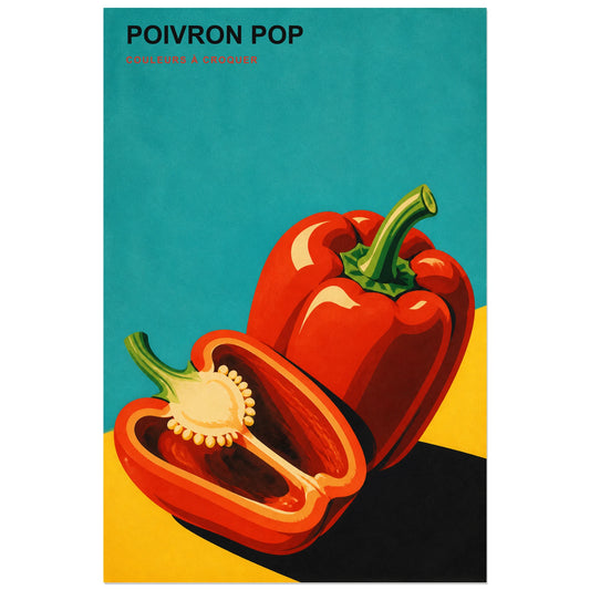 Affiche Poivron Pop – Couleurs à Croquer, sérigraphie pop culinaire inspirée des années 1960 verticale, format 30 × 45 cm
