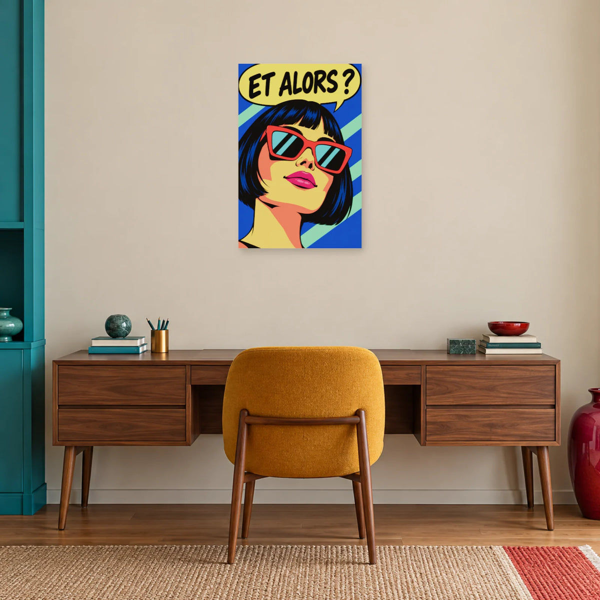 Affiche Pop art Femme à lunettes et alors dans un bureau - Art Virtuoso