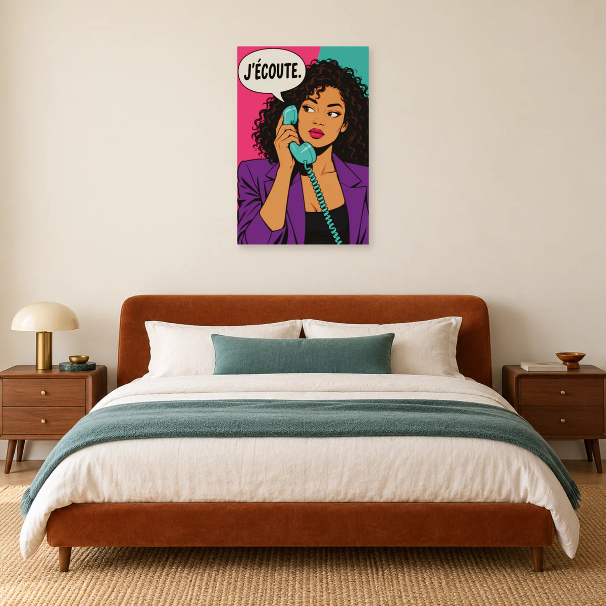 Affiche Pop art Femme au téléphone j'écoute dans une chambre - Art Virtuoso