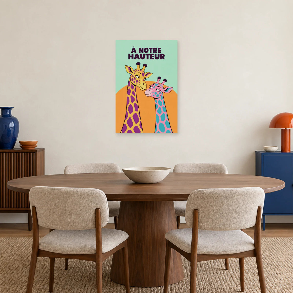 Affiche Pop art Girafes à notre hauteur dans une salle à manger - Art Virtuoso