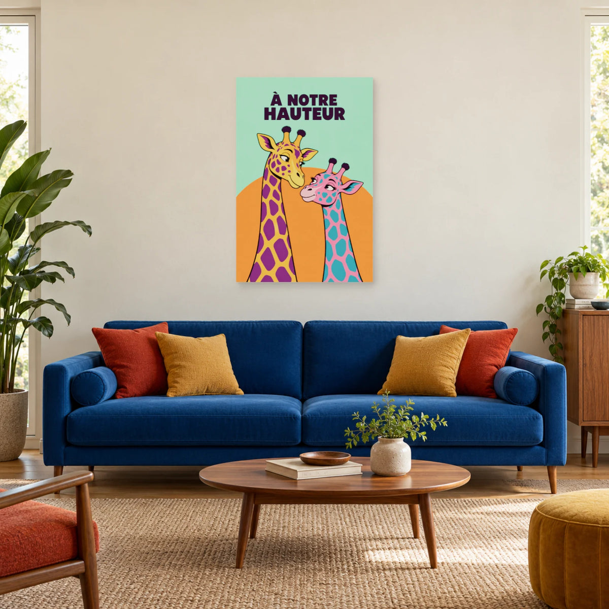 Affiche Pop art Girafes à notre hauteur dans un salon - Art Virtuoso
