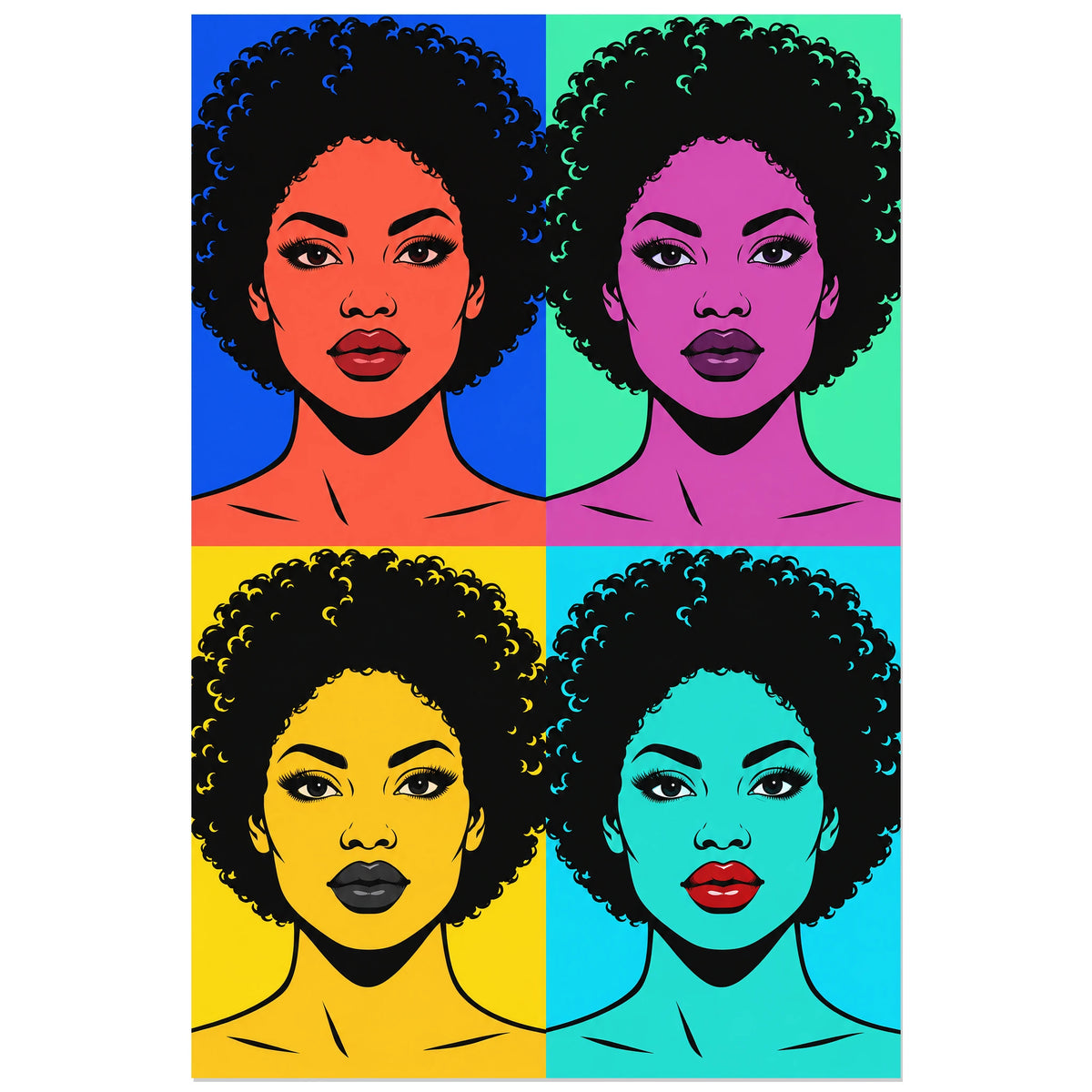 Affiche Pop art Portrait quatre couleurs, illustration pop art / dessin de bande dessinée / aplats graphiques verticale, format 30 × 45 cm