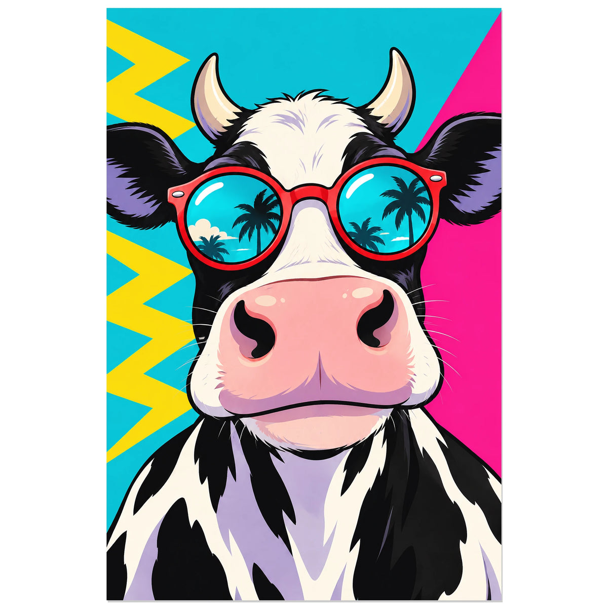 Affiche Pop art Vache aux lunettes rouges, illustration pop art / dessin de bande dessinée / aplats graphiques verticale, format 30 × 45 cm