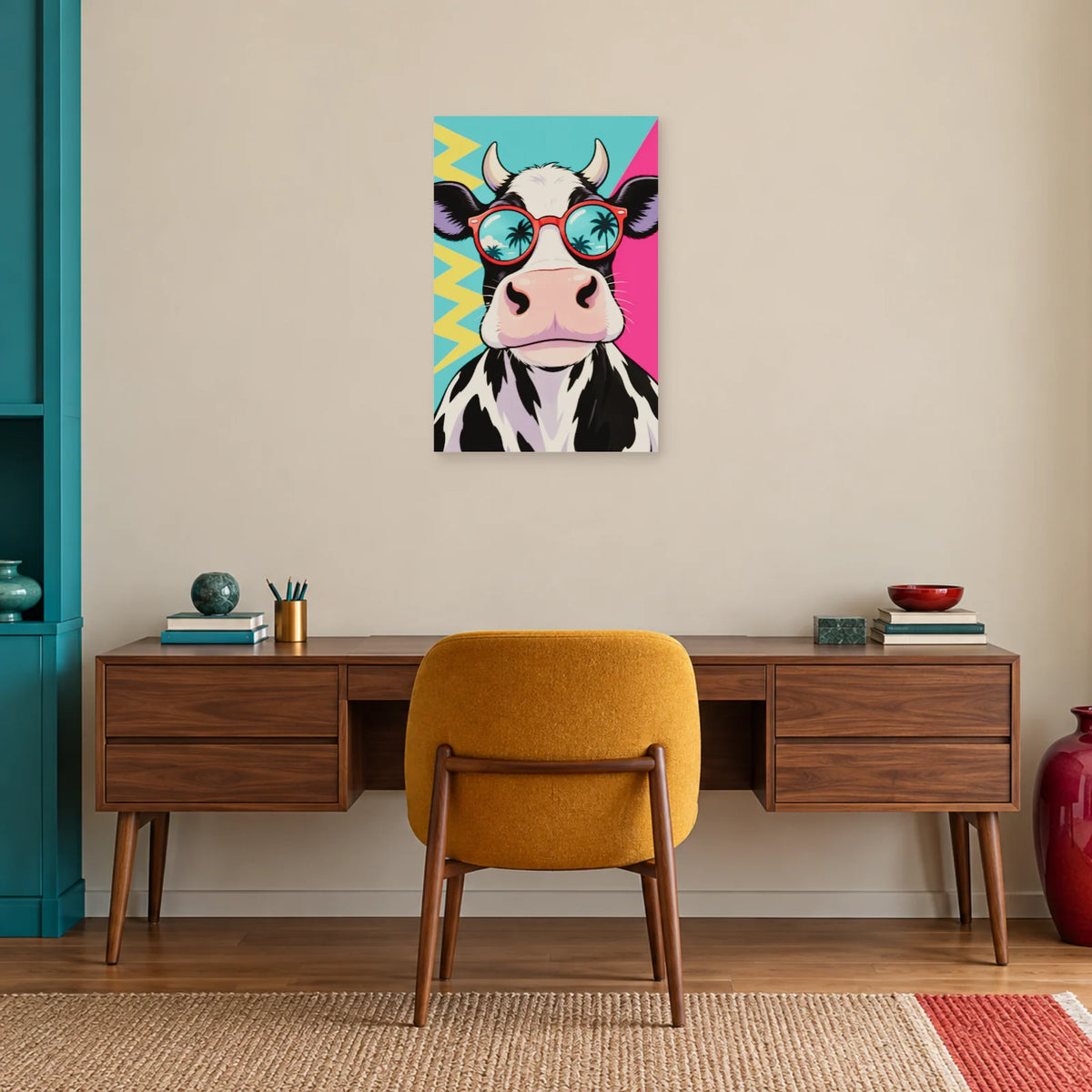 Affiche Pop art Vache aux lunettes rouges dans un bureau - Art Virtuoso