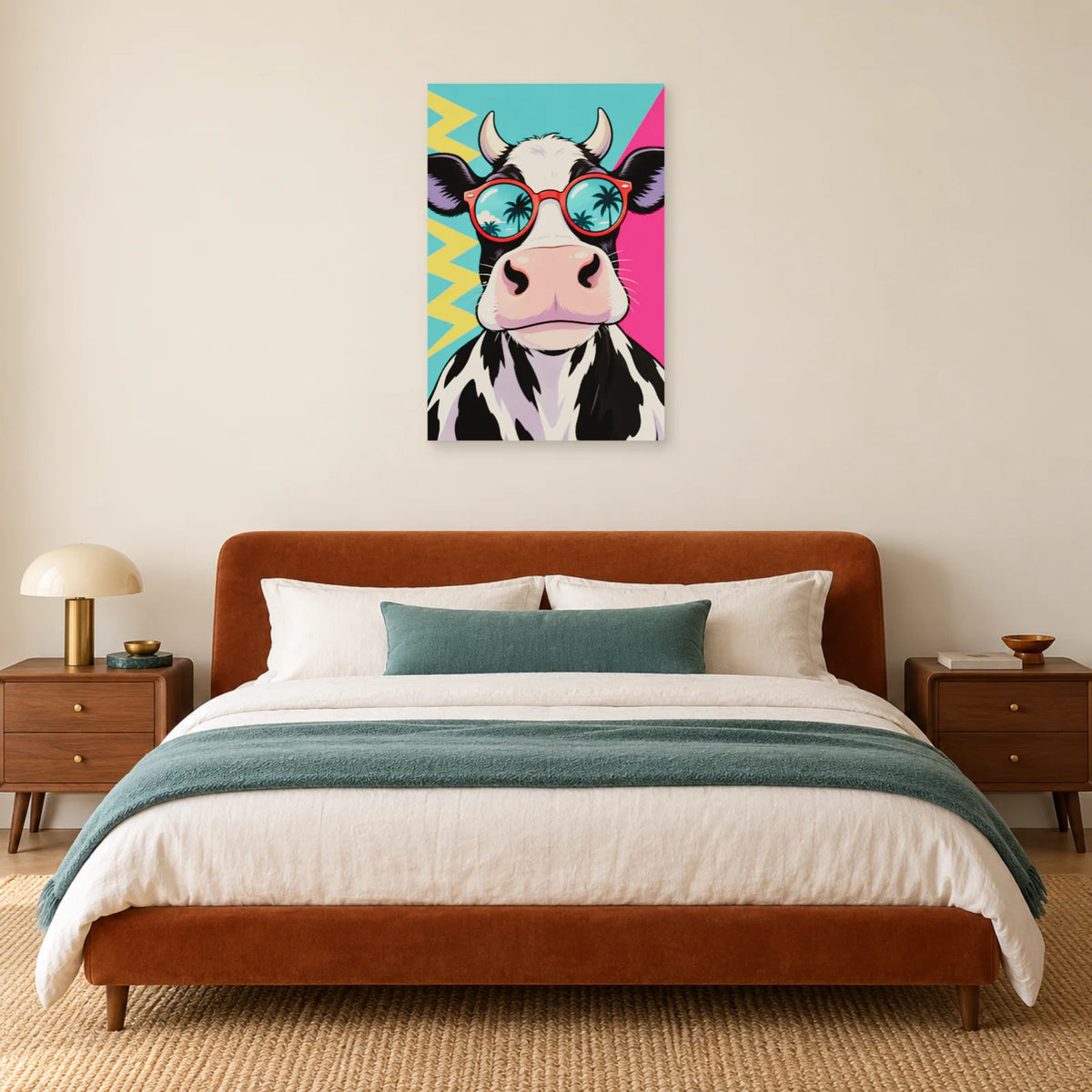 Affiche Pop art Vache aux lunettes rouges dans une chambre - Art Virtuoso