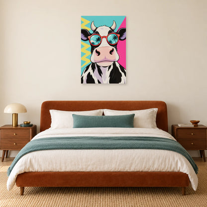Affiche Pop art Vache aux lunettes rouges dans une chambre - Art Virtuoso