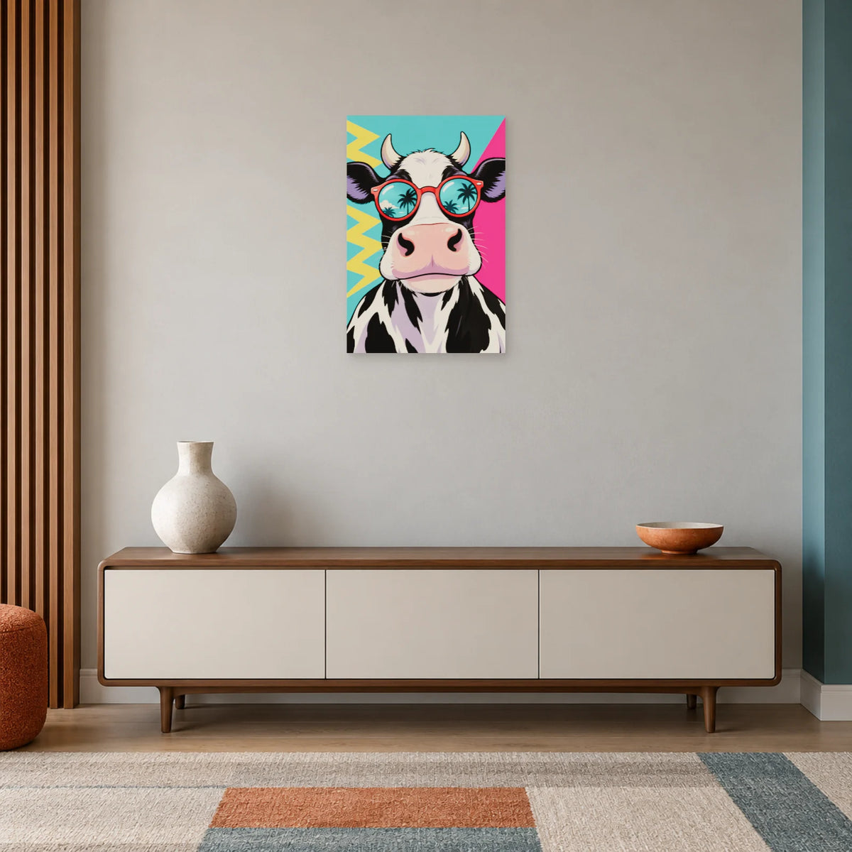 Affiche Pop art Vache aux lunettes rouges dans une entrée ou un couloir - Art Virtuoso