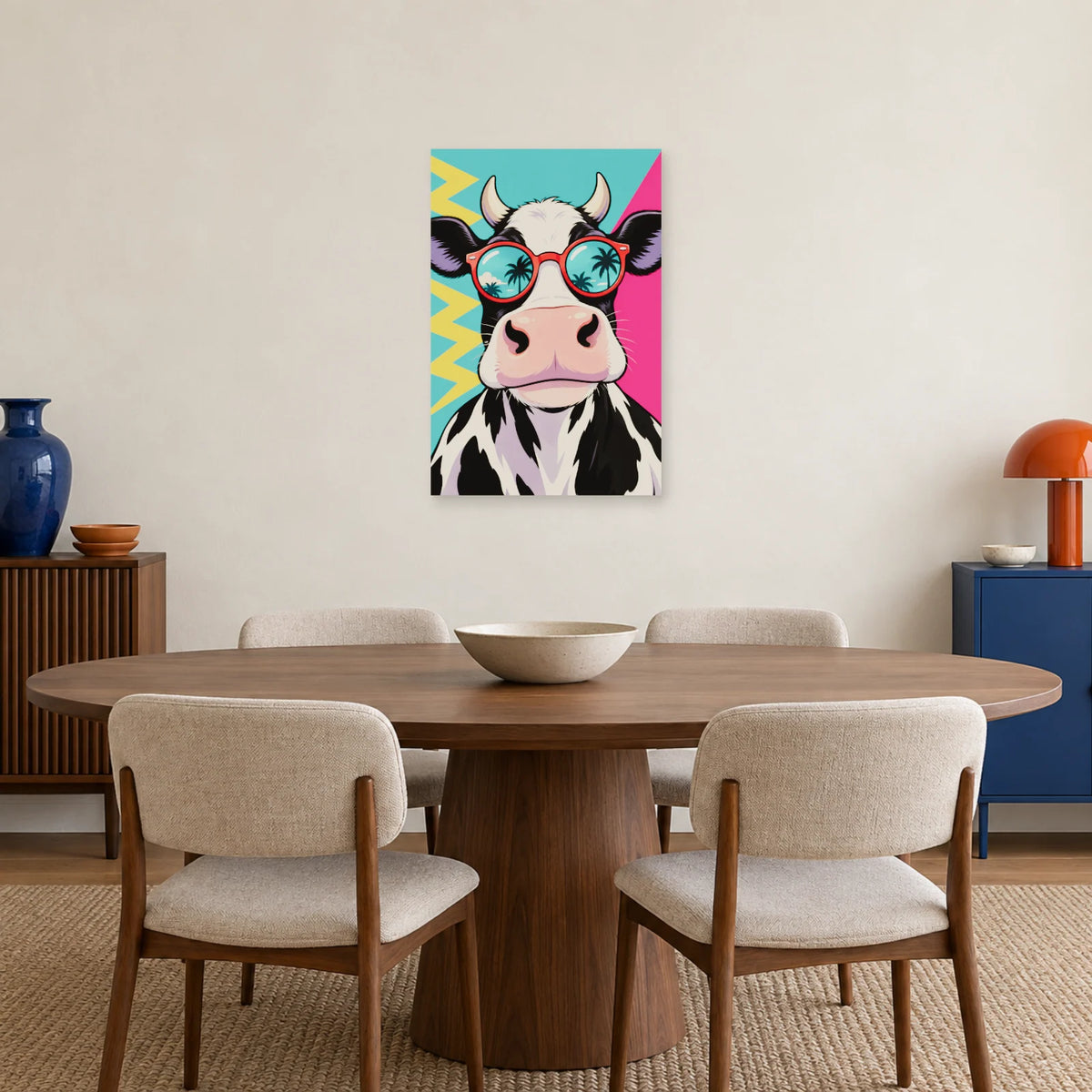 Affiche Pop art Vache aux lunettes rouges dans une salle à manger - Art Virtuoso