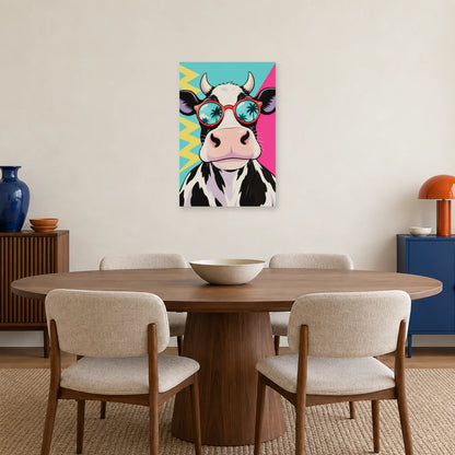 Affiche Pop art Vache aux lunettes rouges dans une salle à manger - Art Virtuoso