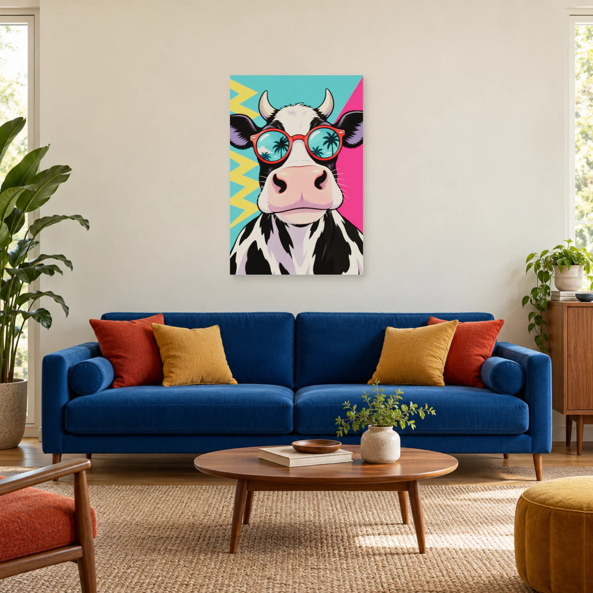 Affiche Pop art Vache aux lunettes rouges dans un salon - Art Virtuoso