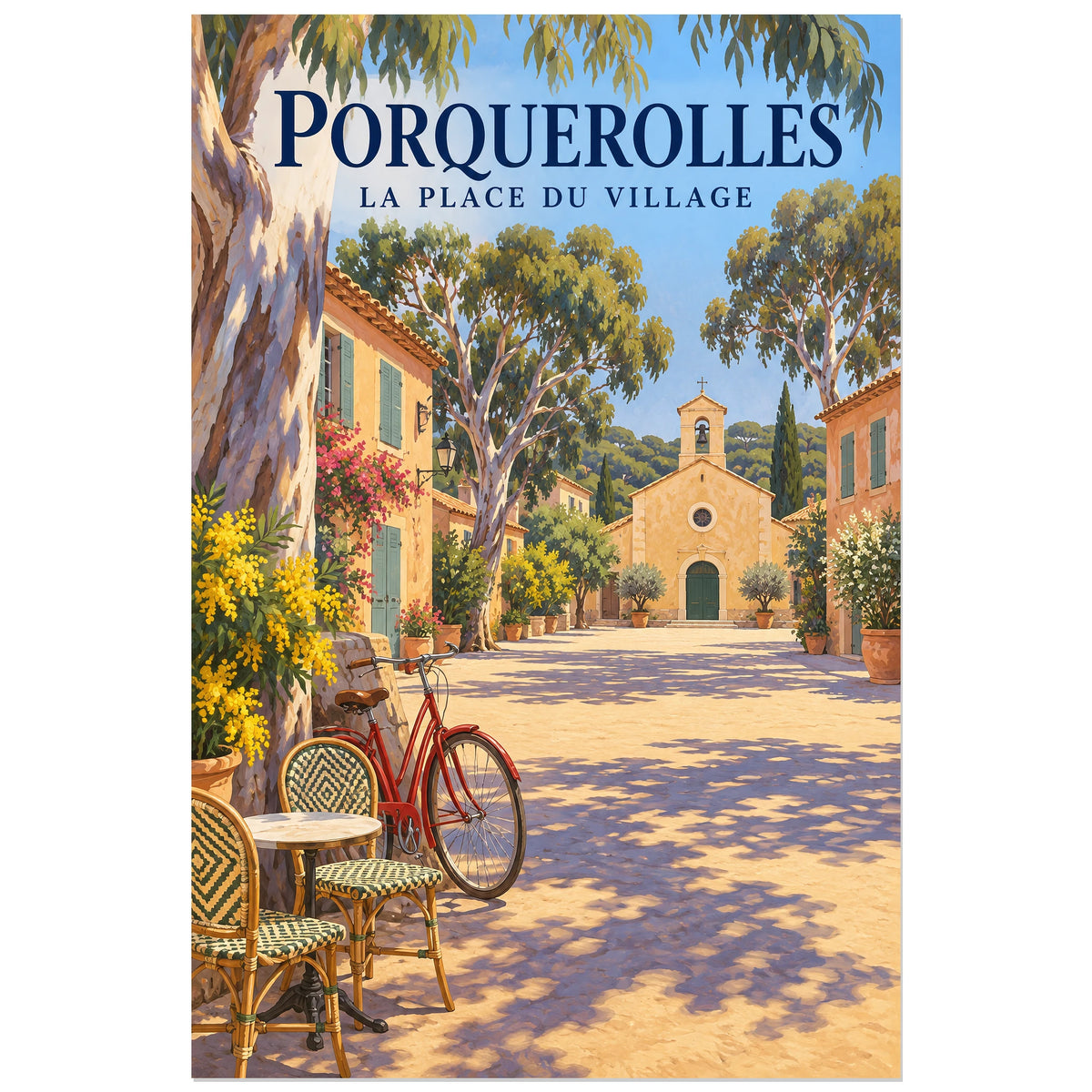 Affiche Porquerolles - La place du village, illustration peinte / affiche de voyage rétro verticale, format 30 × 45 cm