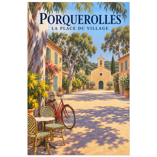 Affiche Porquerolles - La place du village, illustration peinte / affiche de voyage rétro verticale, format 30 × 45 cm